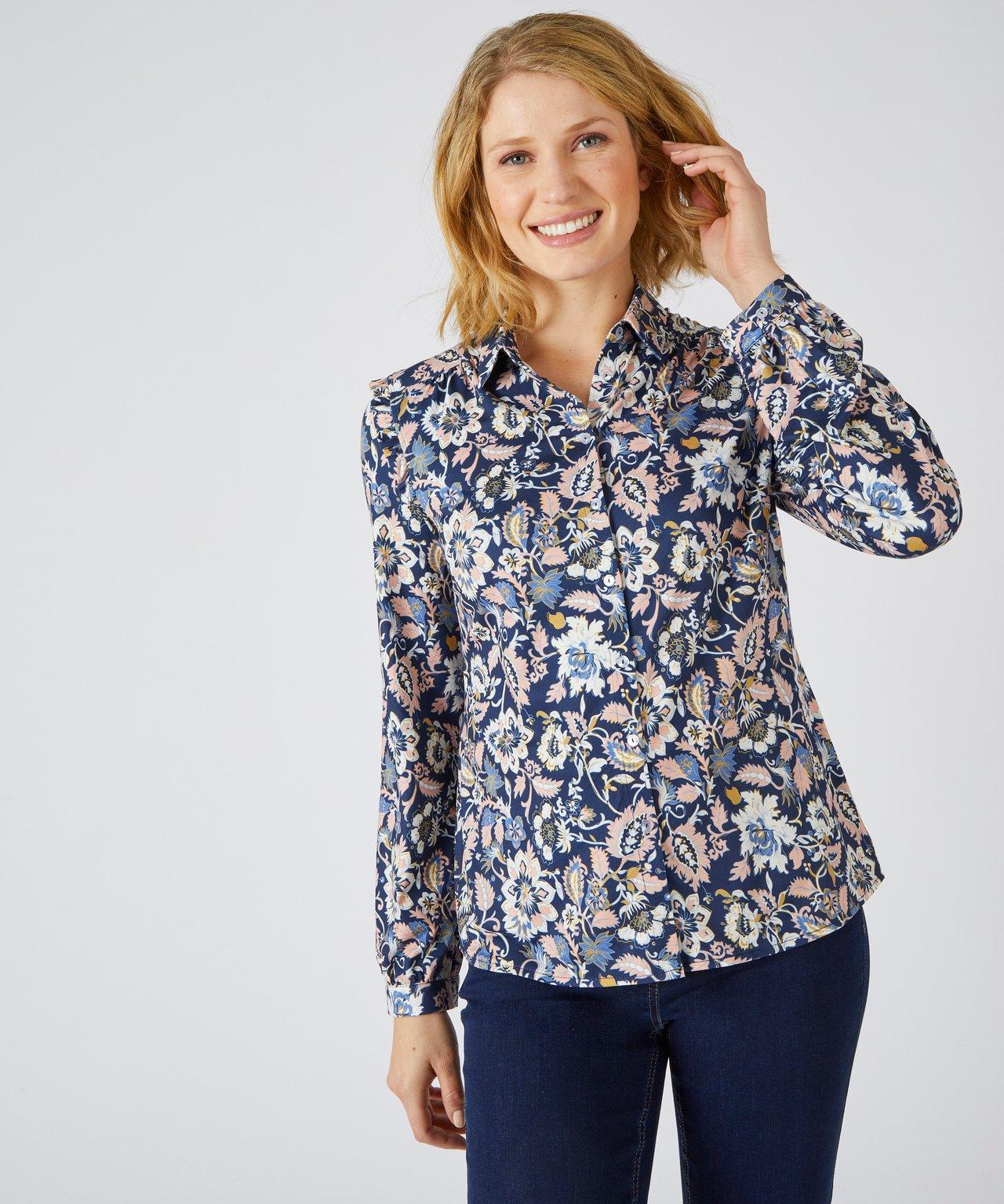Image of Warme Bluse Mit Volants Und Samtigem Griff. Damen Blau 38/40