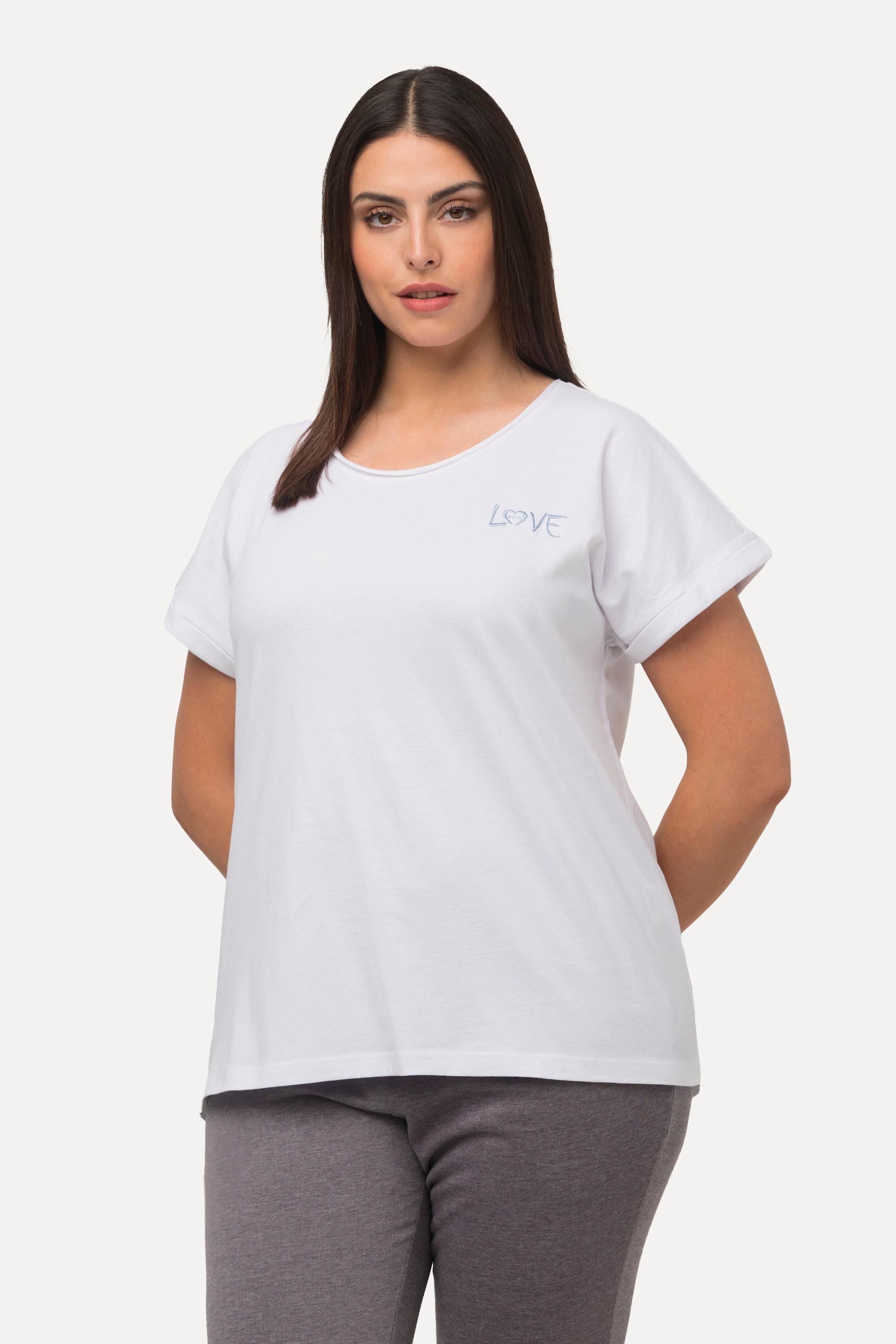 Ulla Popken  T-shirt d'intérieur oversize à col rond et manches courtes, broderie 