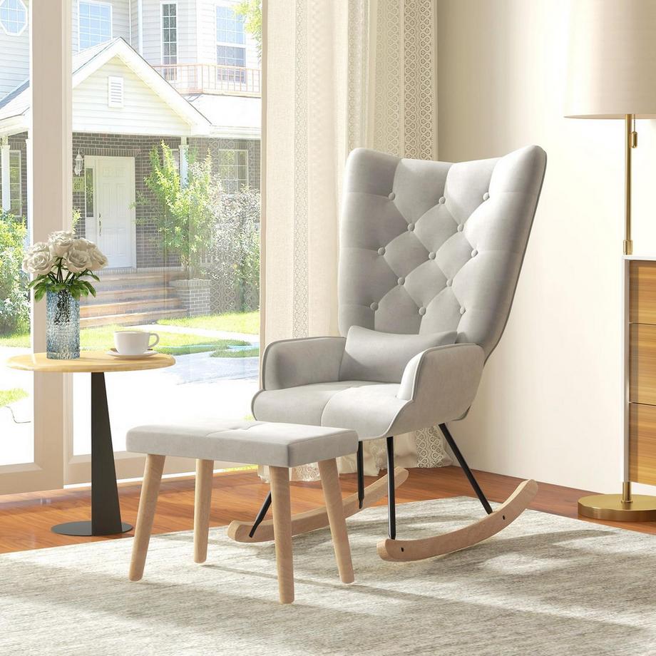 Northio Fauteuil à bascule avec tabouret, fauteuil de relaxation avec coussin, aspect velours, fauteuil à oreilles avec pieds en bois pour chambre à coucher, salon, 66 x 96 x 101 cm, blanc crème  