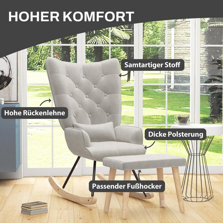 Northio Fauteuil à bascule avec tabouret, fauteuil de relaxation avec coussin, aspect velours, fauteuil à oreilles avec pieds en bois pour chambre à coucher, salon, 66 x 96 x 101 cm, blanc crème  
