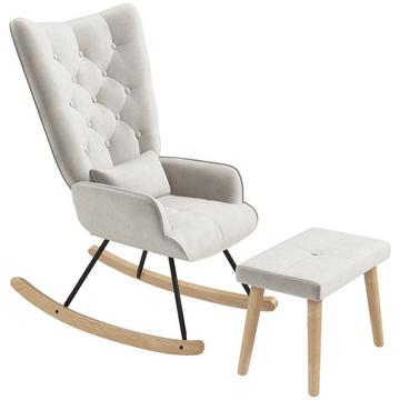 Fauteuil à bascule avec tabouret, fauteuil de relaxation avec coussin, aspect velours, fauteuil à oreilles avec pieds en bois pour chambre à coucher, salon, 66 x 96 x 101 cm, blanc crème