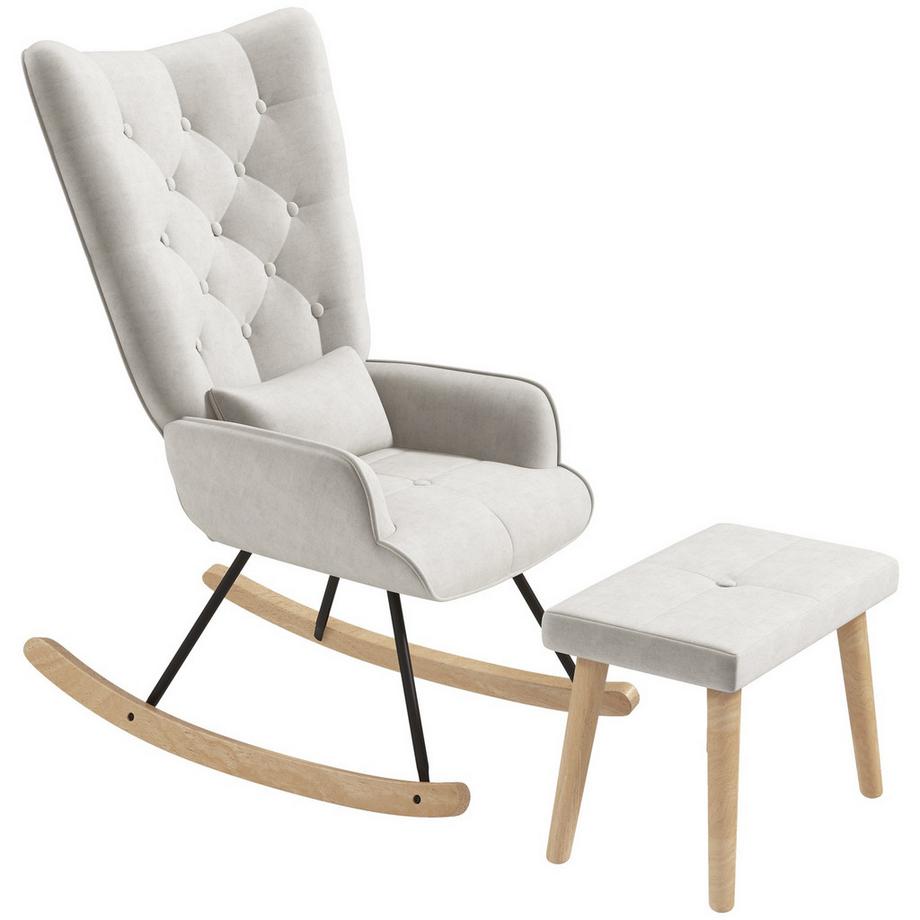 Northio Fauteuil à bascule avec tabouret, fauteuil de relaxation avec coussin, aspect velours, fauteuil à oreilles avec pieds en bois pour chambre à coucher, salon, 66 x 96 x 101 cm, blanc crème  
