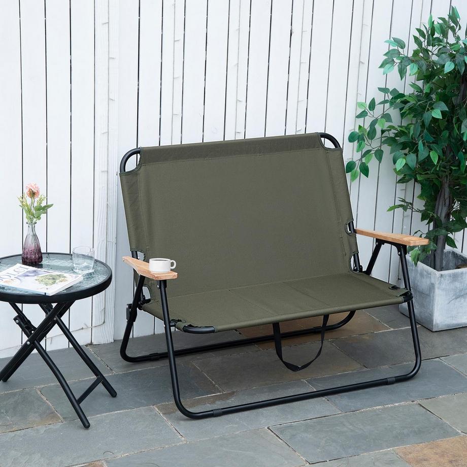 Northio Chaise De Camping, Chaise De Jardin, Chaise De Réalisateur, Chaise Pliante 2 Places, Pliable Avec Porte-Gobelet Jusqu'À 160 Kg, Acier + Tissu Oxford + Bois, Vert, 141 X 67 X 80 Cm  