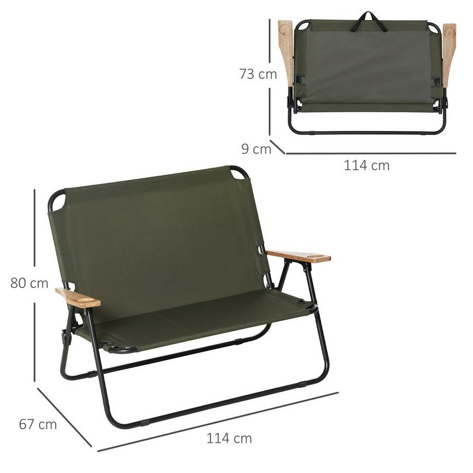 Northio Chaise De Camping, Chaise De Jardin, Chaise De Réalisateur, Chaise Pliante 2 Places, Pliable Avec Porte-Gobelet Jusqu'À 160 Kg, Acier + Tissu Oxford + Bois, Vert, 141 X 67 X 80 Cm  