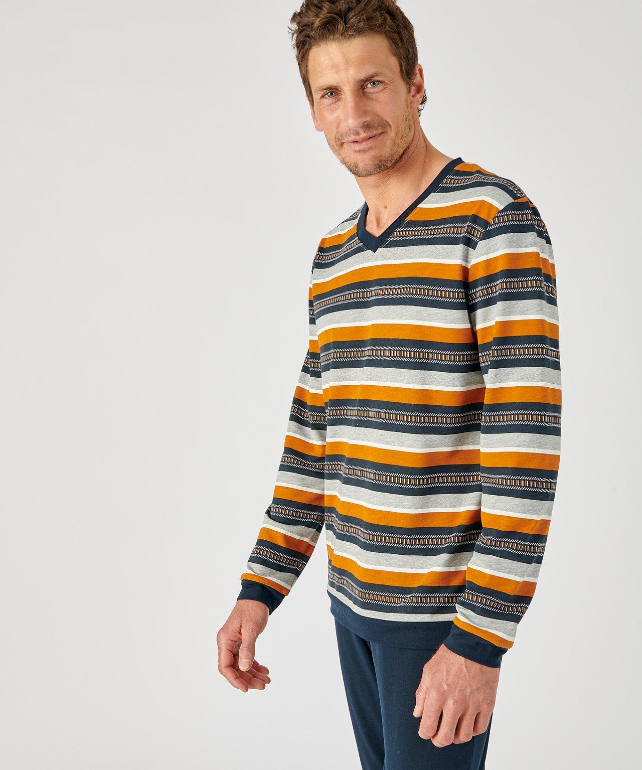 Image of Thermolactyl-pyjama Shirt Mit Streifen-print, V-ausschnitt, Aus Recycling-thermolactyl. Unisex Braun L