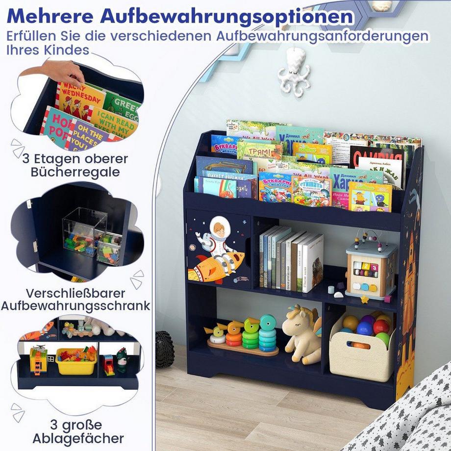 B2X 3 in 1 Spielzeugregal mit Ablagefächer & Tür 3 Stöckiges Kinderregal Bücherregal 93 x 30 x 100 cm Blau  