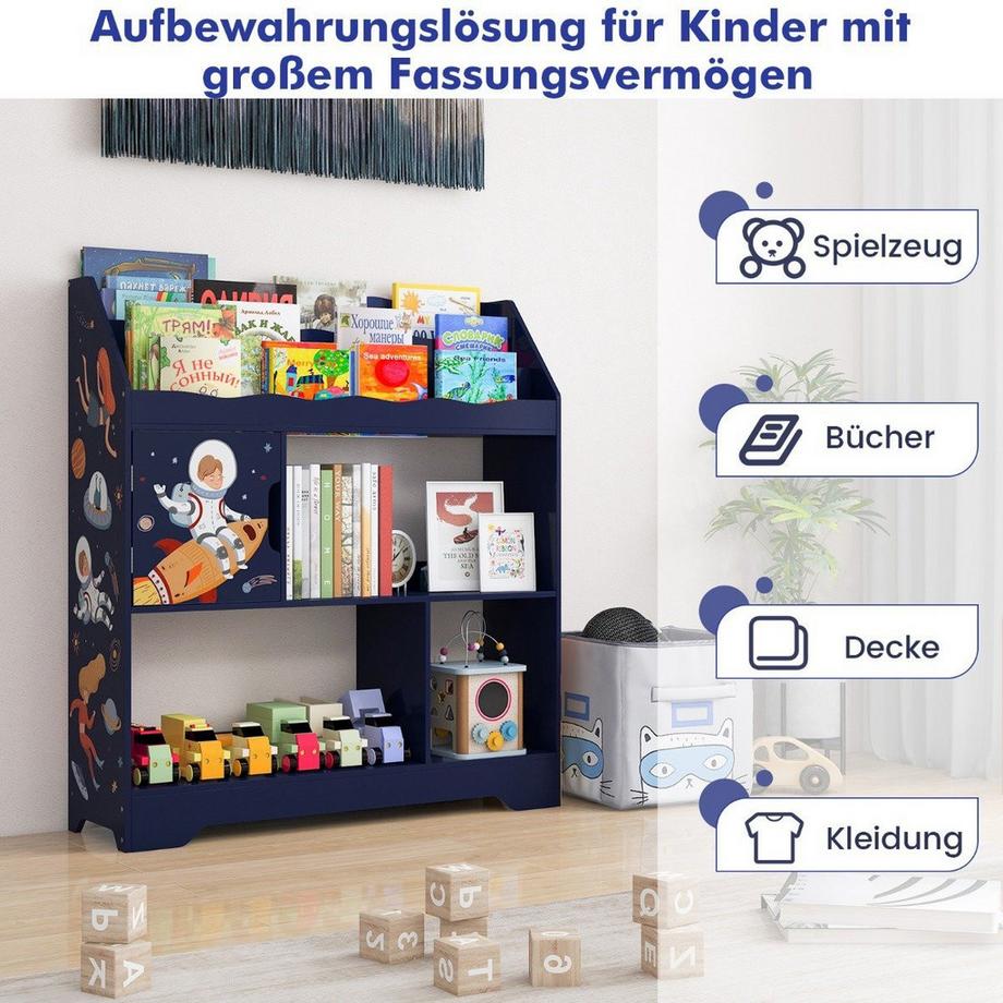 B2X 3 in 1 Spielzeugregal mit Ablagefächer & Tür 3 Stöckiges Kinderregal Bücherregal 93 x 30 x 100 cm Blau  