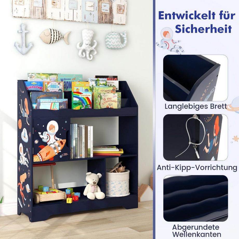 B2X 3 in 1 Spielzeugregal mit Ablagefächer & Tür 3 Stöckiges Kinderregal Bücherregal 93 x 30 x 100 cm Blau  