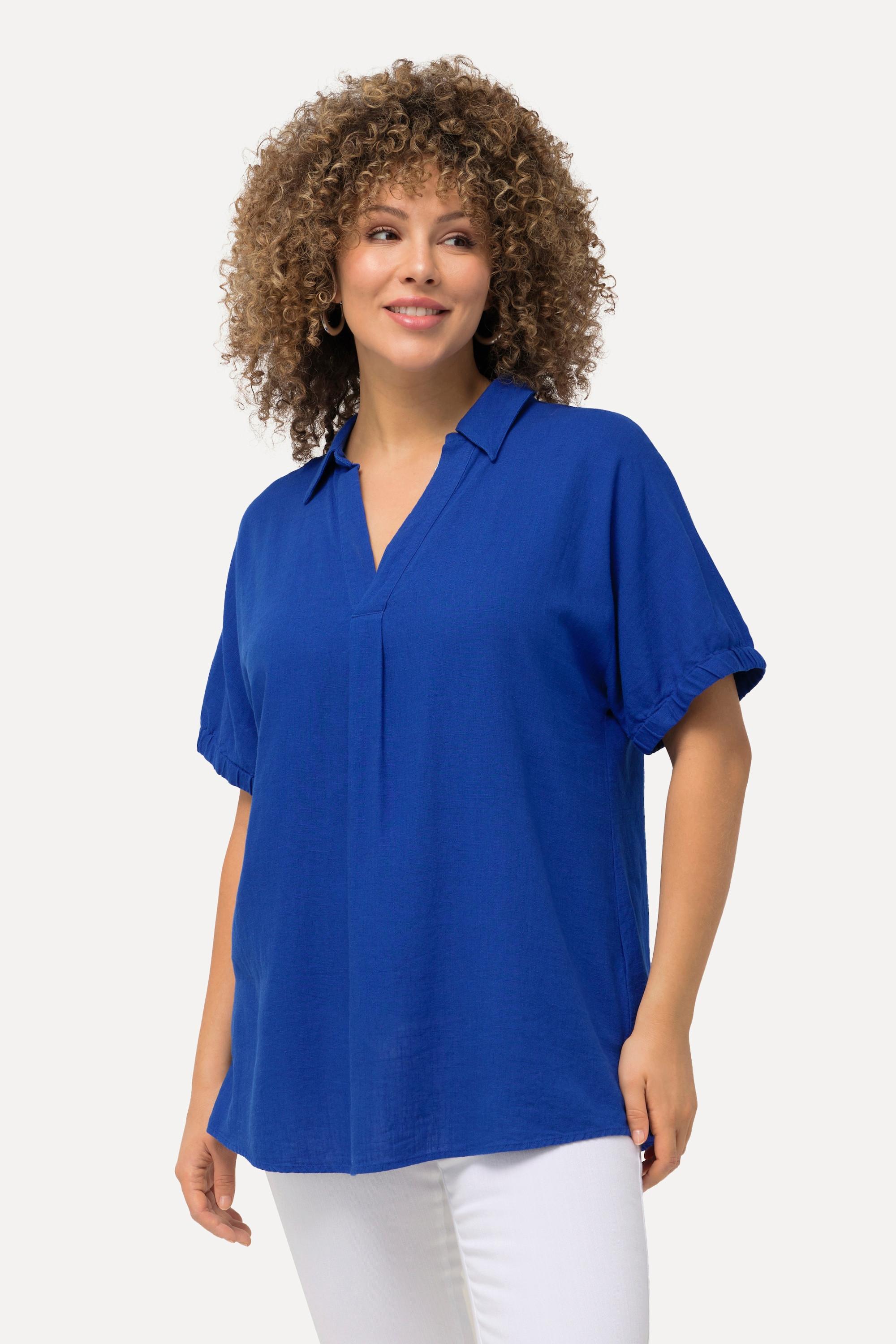 Ulla Popken  Bluse, Leinenmix, Oversized, V-Ausschnitt, Halbarm 