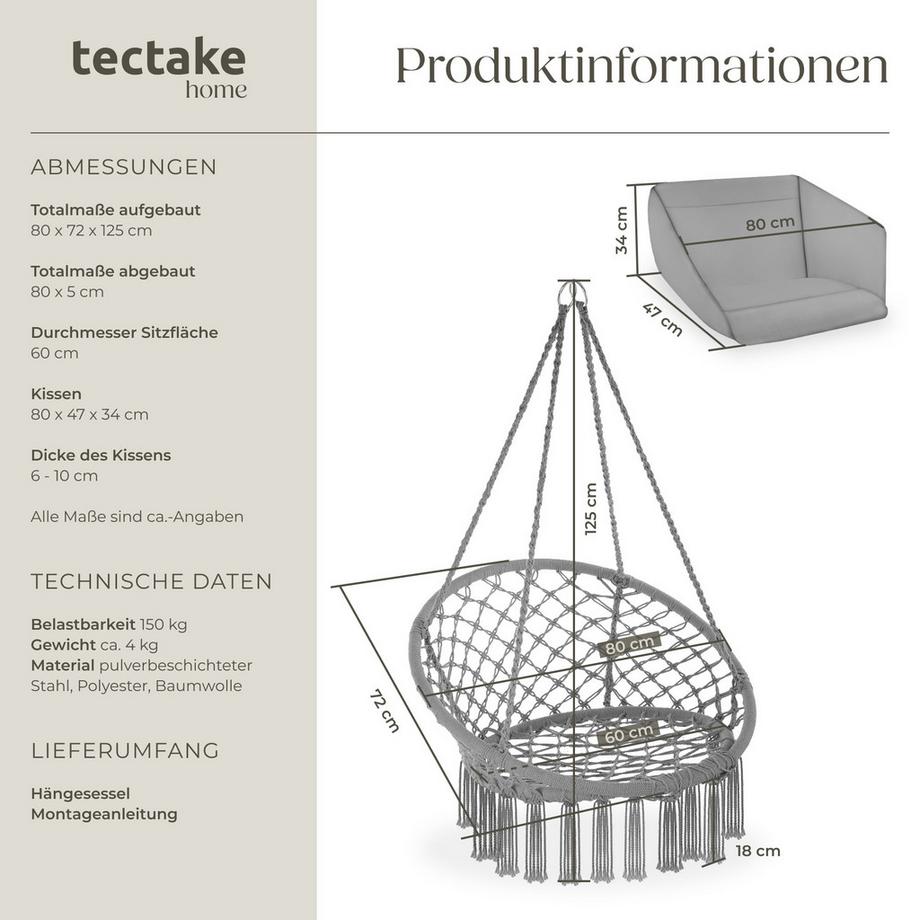 Tectake Fauteuil suspendu GRAZIA avec rembourrage épais de l'assise et du dossier pour un maximum de confort  