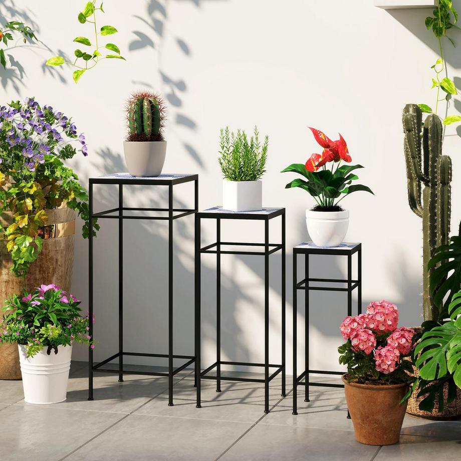 Northio 3er-Set Pflanzenständer, 71 cm hoch Blumenständer für Innen, Pflanzenregal aus Metall, 3 verschieden große Blumenregal, Blumenhocker, Blumentopfständer für Wohnzimmer Garten Balkon Blau+Weiß Aosom  