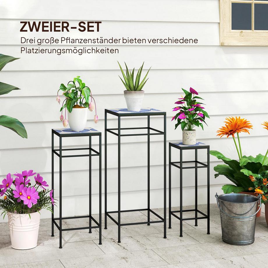 Northio 3er-Set Pflanzenständer, 71 cm hoch Blumenständer für Innen, Pflanzenregal aus Metall, 3 verschieden große Blumenregal, Blumenhocker, Blumentopfständer für Wohnzimmer Garten Balkon Blau+Weiß Aosom  