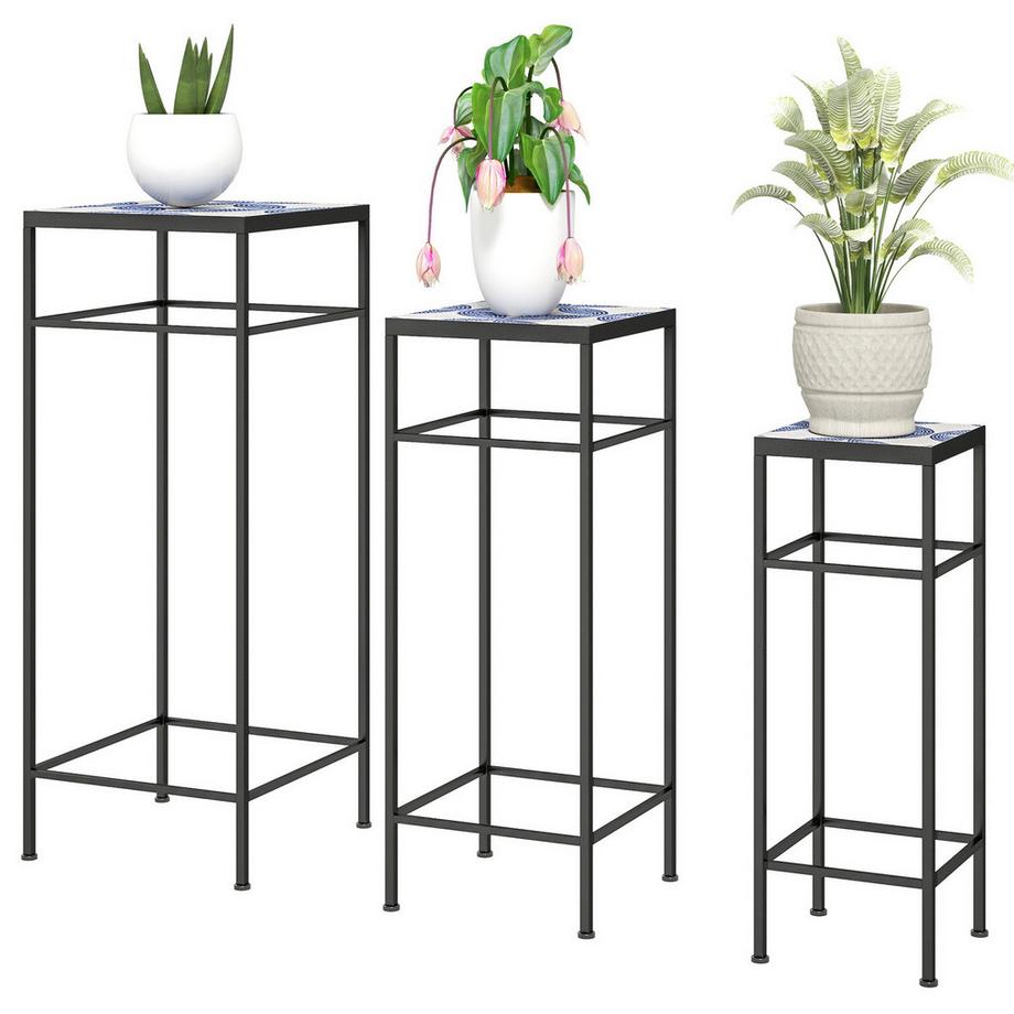 Northio 3er-Set Pflanzenständer, 71 cm hoch Blumenständer für Innen, Pflanzenregal aus Metall, 3 verschieden große Blumenregal, Blumenhocker, Blumentopfständer für Wohnzimmer Garten Balkon Blau+Weiß Aosom  