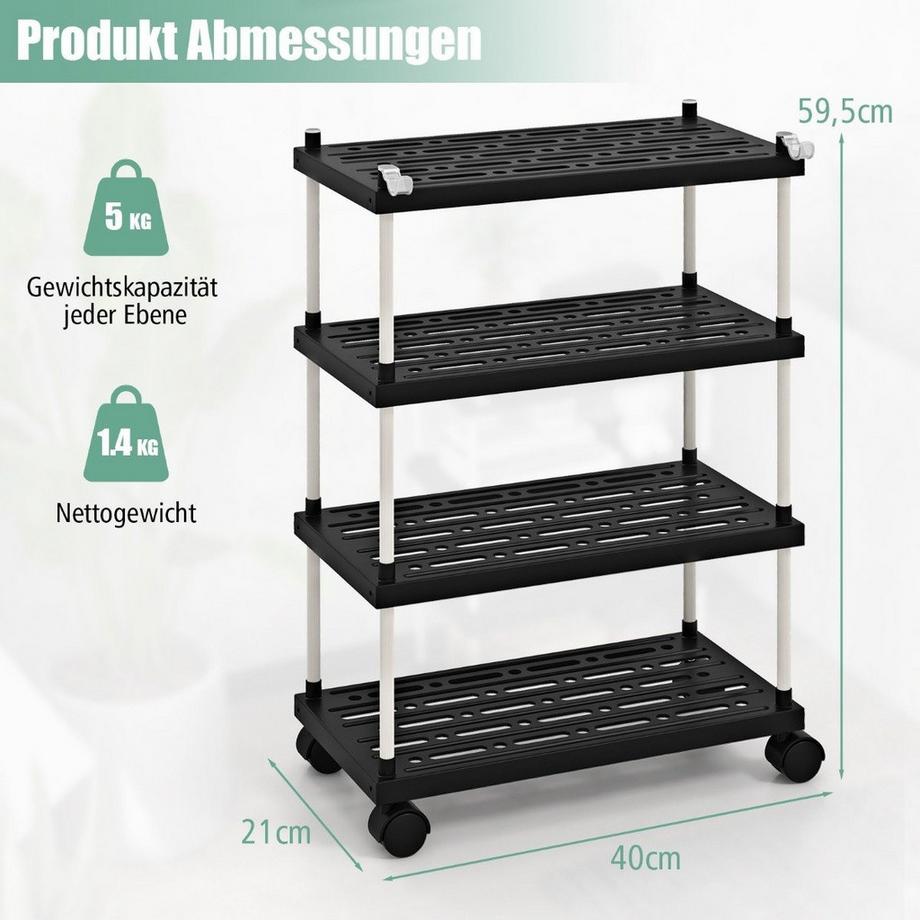 Northio Rollwagen mit 4 Ebenen Nischenregal mit Rollen und seitlichen Haken Schwarz 40 x 21 x 59,5 cm  