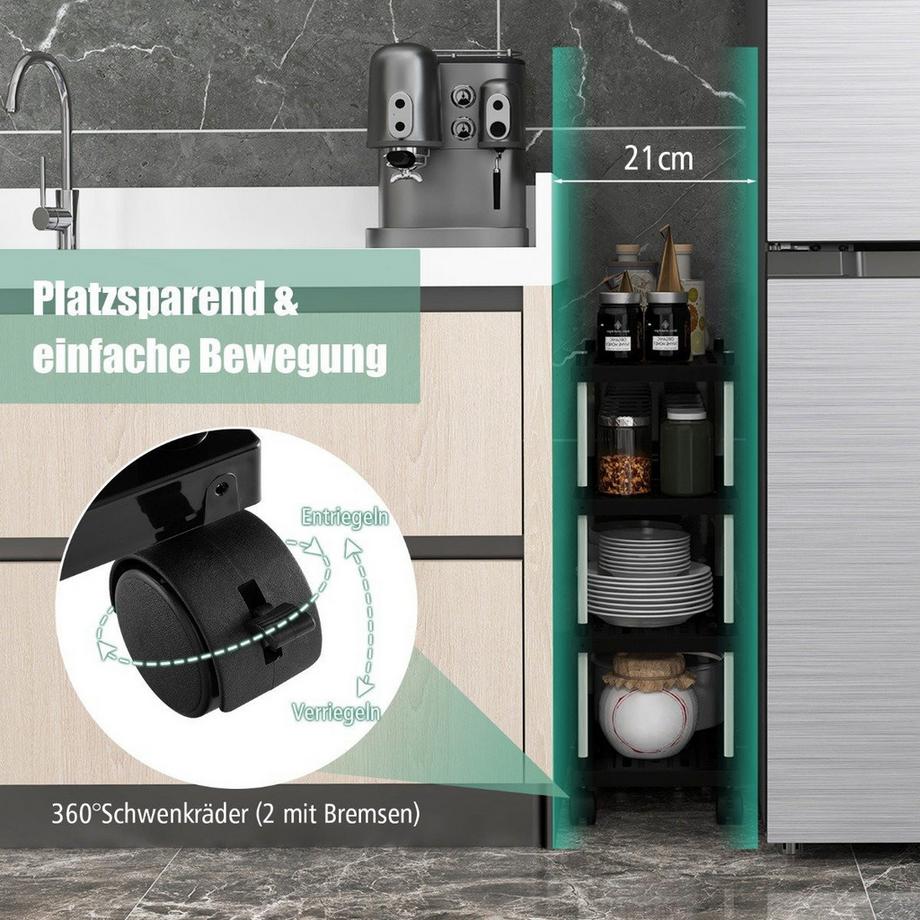 Northio Rollwagen mit 4 Ebenen Nischenregal mit Rollen und seitlichen Haken Schwarz 40 x 21 x 59,5 cm  