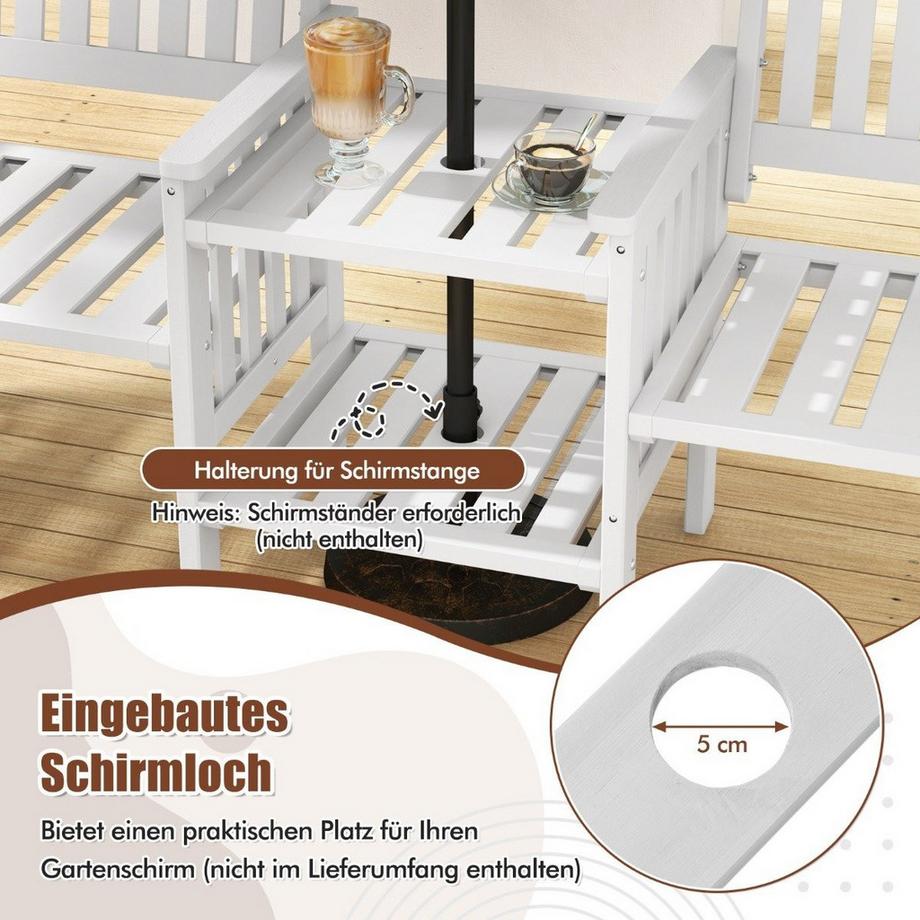 Northio Panca da giardino con tavolo Panca a 2 posti con foro per ombrellone da 5 cm panca in legno di abete fino a 330 kg 165 x 60 x 88 cm bianco  