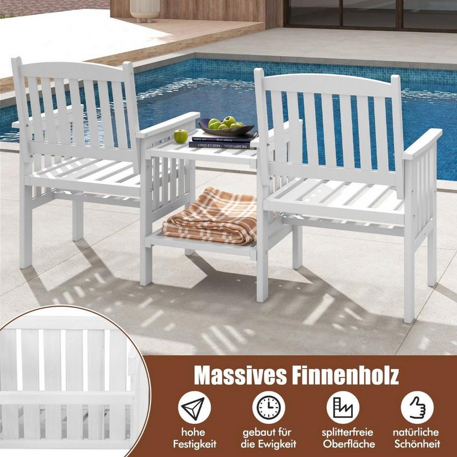 Northio Panca da giardino con tavolo Panca a 2 posti con foro per ombrellone da 5 cm panca in legno di abete fino a 330 kg 165 x 60 x 88 cm bianco  