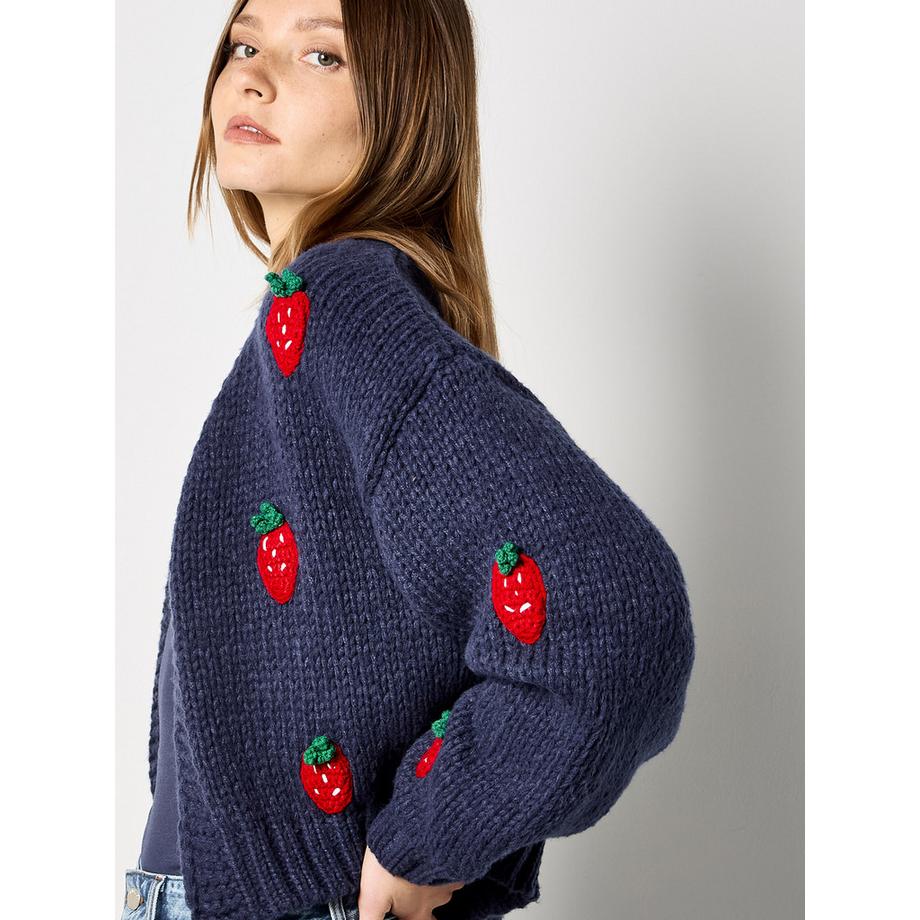 APRICOT Cardigan Maille Épaisse Motif Fraises  