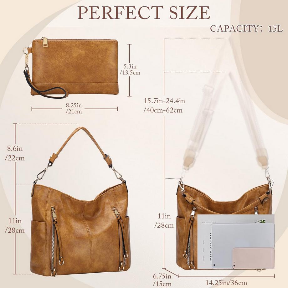 Only-bags.store Grosse Hobo Umhängetasche mit abnehmbarem Gurt und Clutch Set  