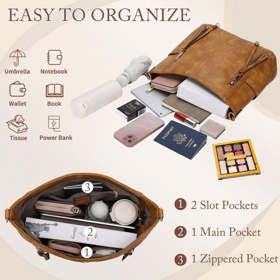 Only-bags.store Grosse Hobo Umhängetasche mit abnehmbarem Gurt und Clutch Set  