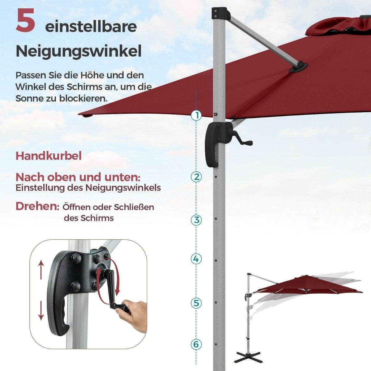 Northix Ø 330 cm Sonnenschirm mit Kurbel & UPF 50+ & 360° Drehbarer Ampelschirm Gartenschirm Rot  