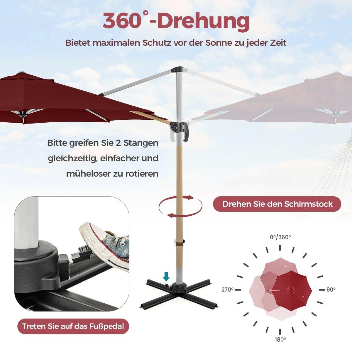 Northix Ø 330 cm Sonnenschirm mit Kurbel & UPF 50+ & 360° Drehbarer Ampelschirm Gartenschirm Rot  