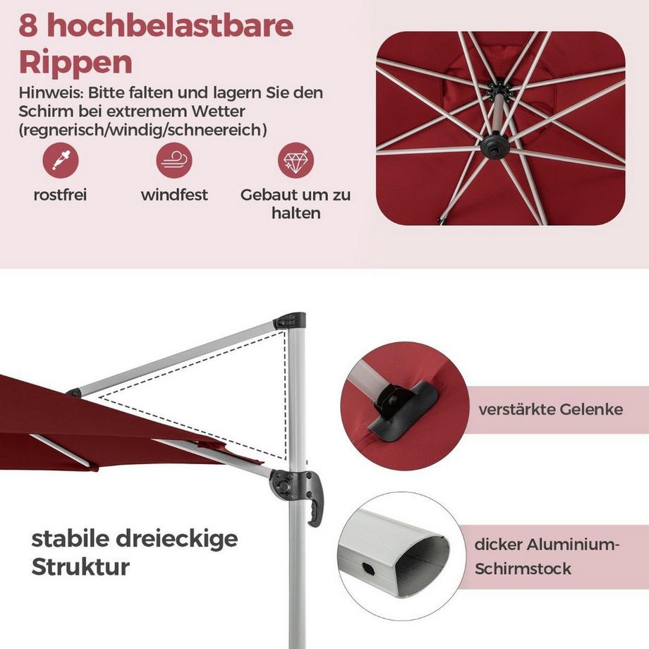 Northix Ø 330 cm Sonnenschirm mit Kurbel & UPF 50+ & 360° Drehbarer Ampelschirm Gartenschirm Rot  