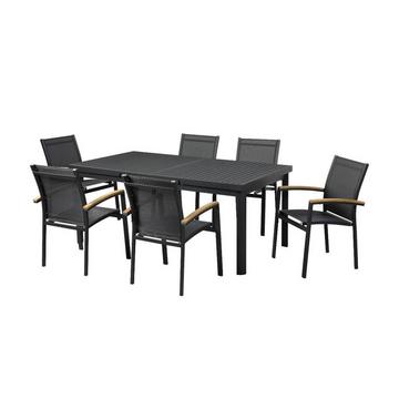 Salle à  manger de jardin en aluminium  une table extensible 12 6 fauteuils empilables avec accoudoirs acacia NAURU