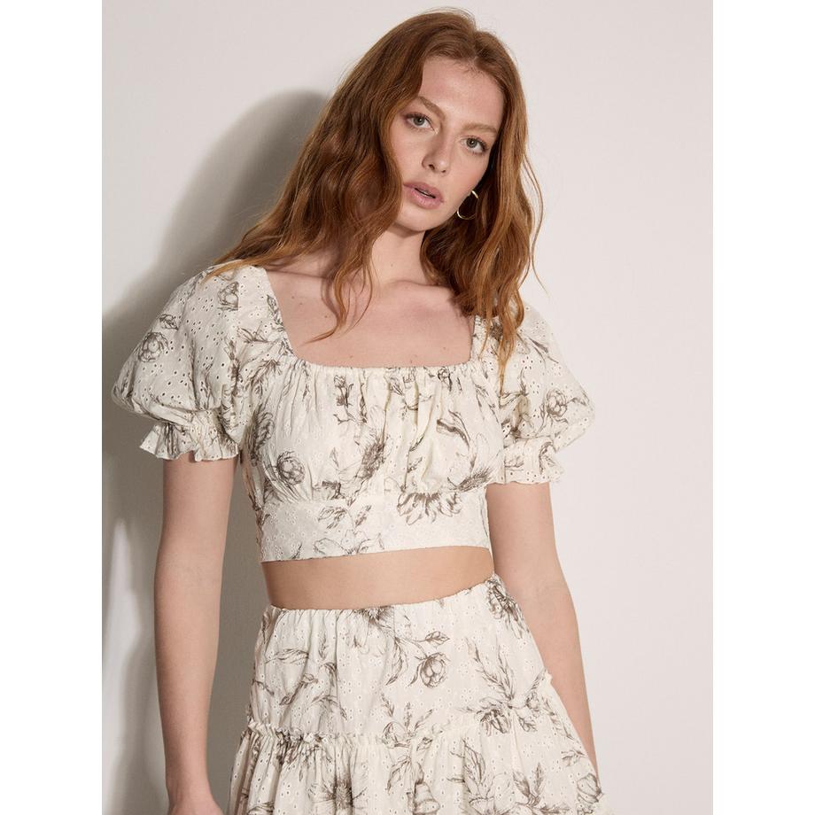 Crop top en coton brodé à fleurs