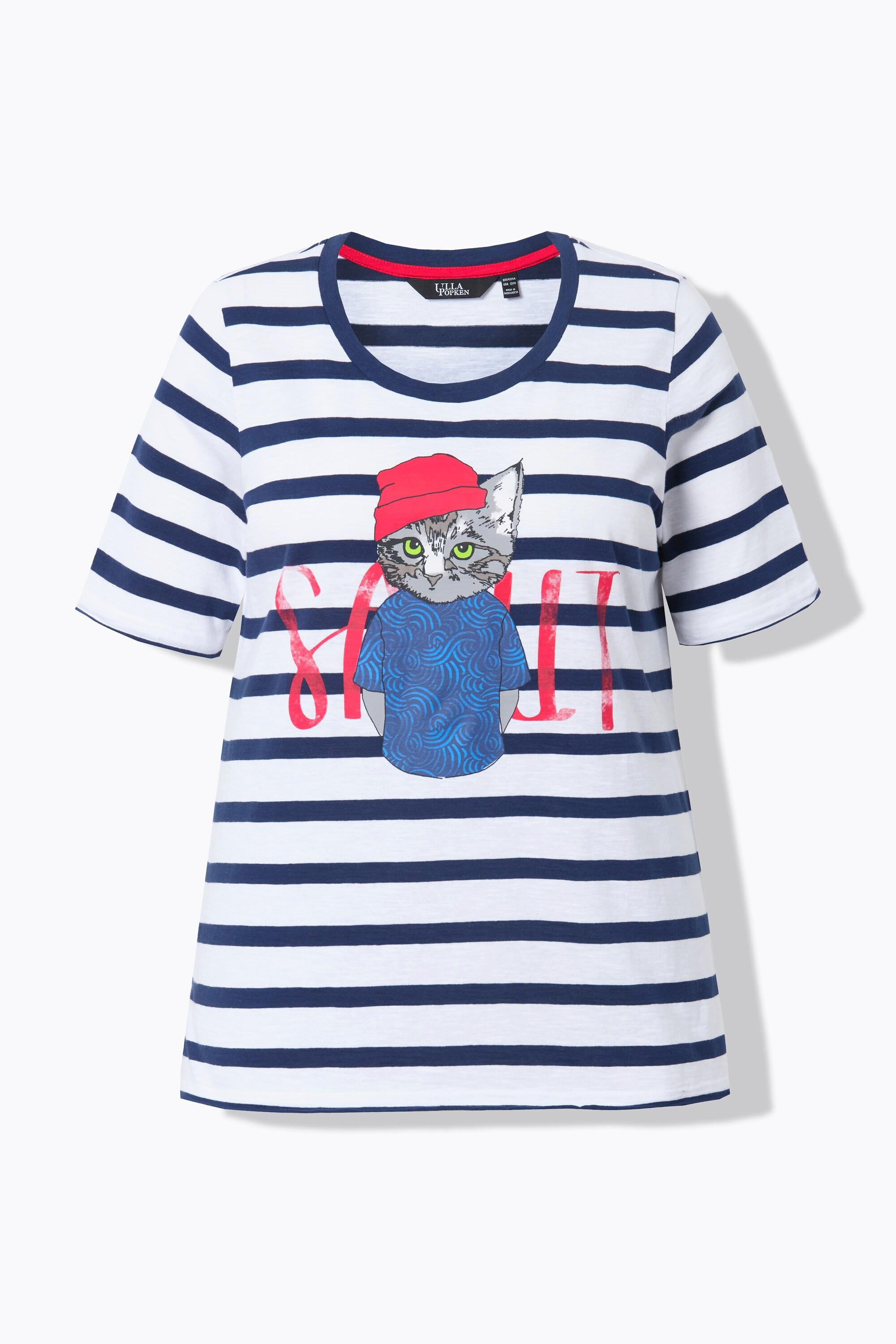 Ulla Popken  T-shirt motif chat, col rond et manches courtes, coupe évasée 