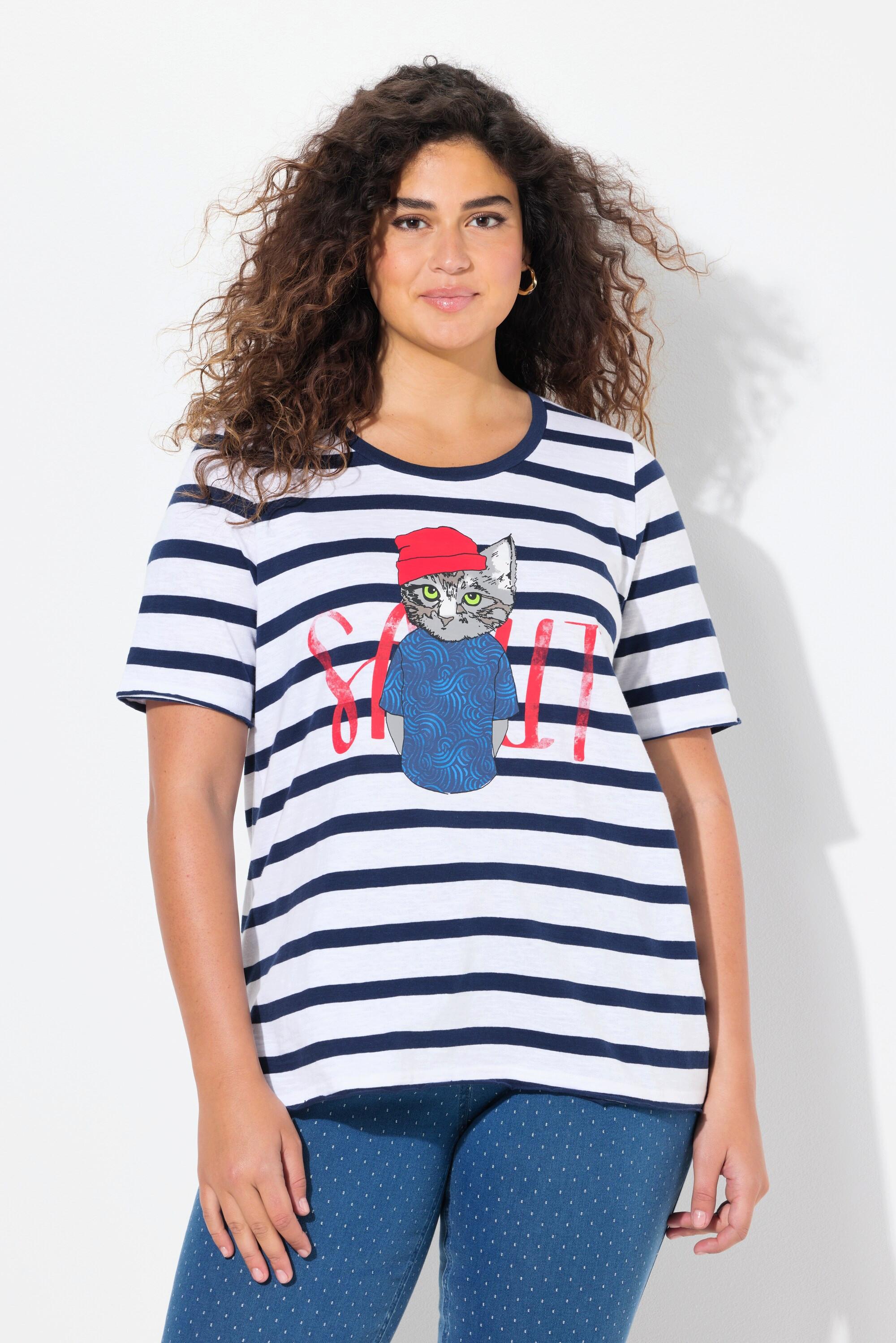 Ulla Popken  T-shirt motif chat, col rond et manches courtes, coupe évasée 