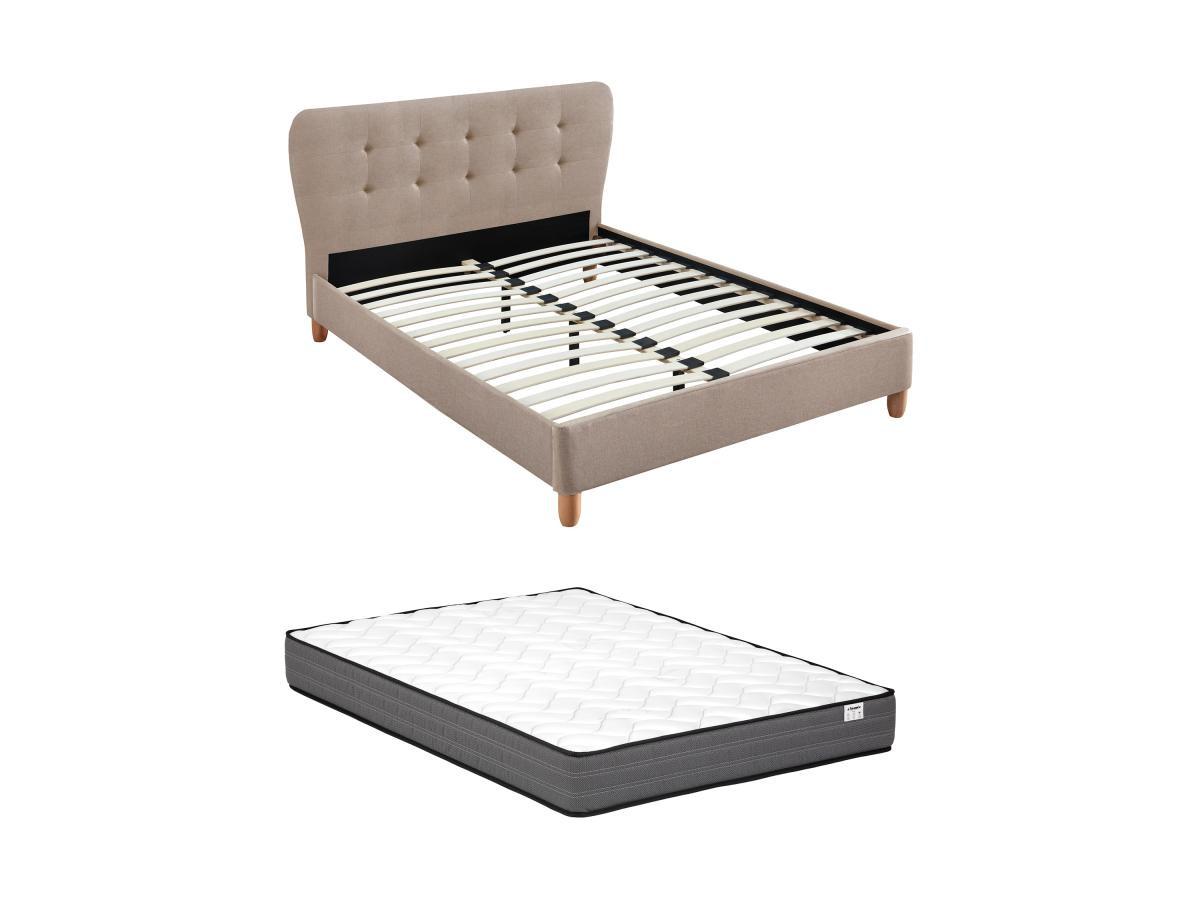 Image of Polsterbett 160 x 200 cm mit gestepptem Kopfteil - Stoff - Beige + Matratze - ELIDE Polsterbett 160 x 200 cm mit gestepptem Kopfteil - Stoff - Beige + Matratze - ELIDE