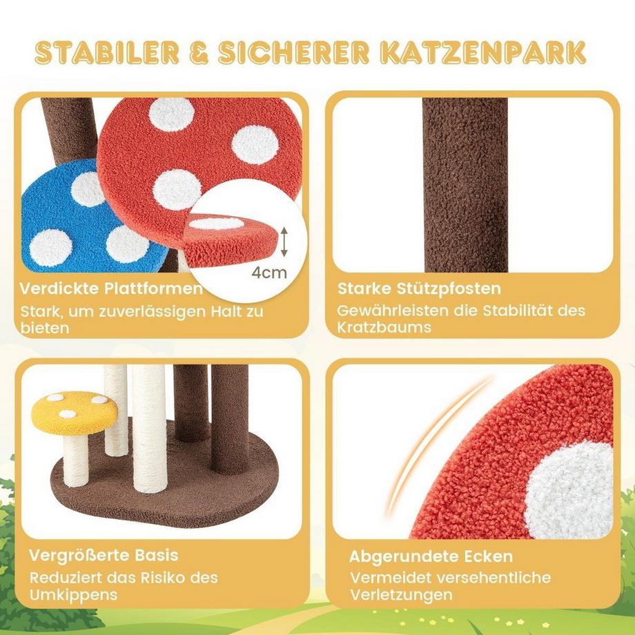 Northix  Tiragraffi effetto fungo, tiragraffi a 5 livelli con 3 pali in sisal, piccolo albero rampicante in tessuto di orsacchiotto, 60 x 65 x 94 cm, colorato 