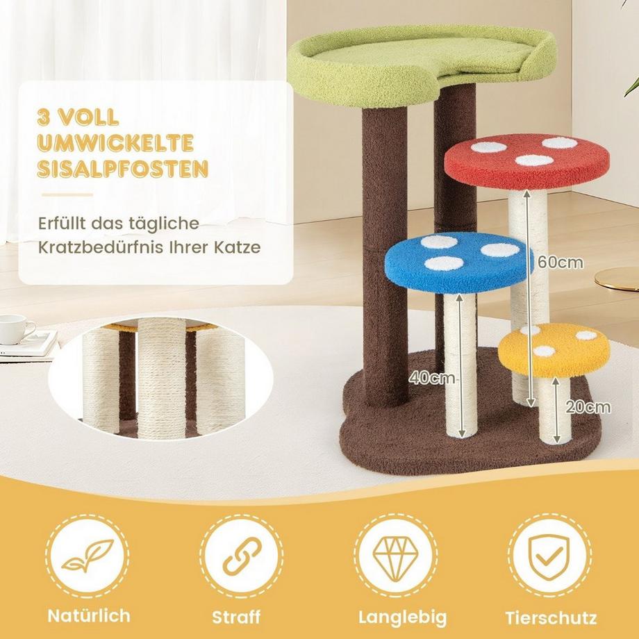 Tiragraffi effetto fungo, tiragraffi a 5 livelli con 3 pali in sisal, piccolo albero rampicante in tessuto di orsacchiotto, 60 x 65 x 94 cm, colorato