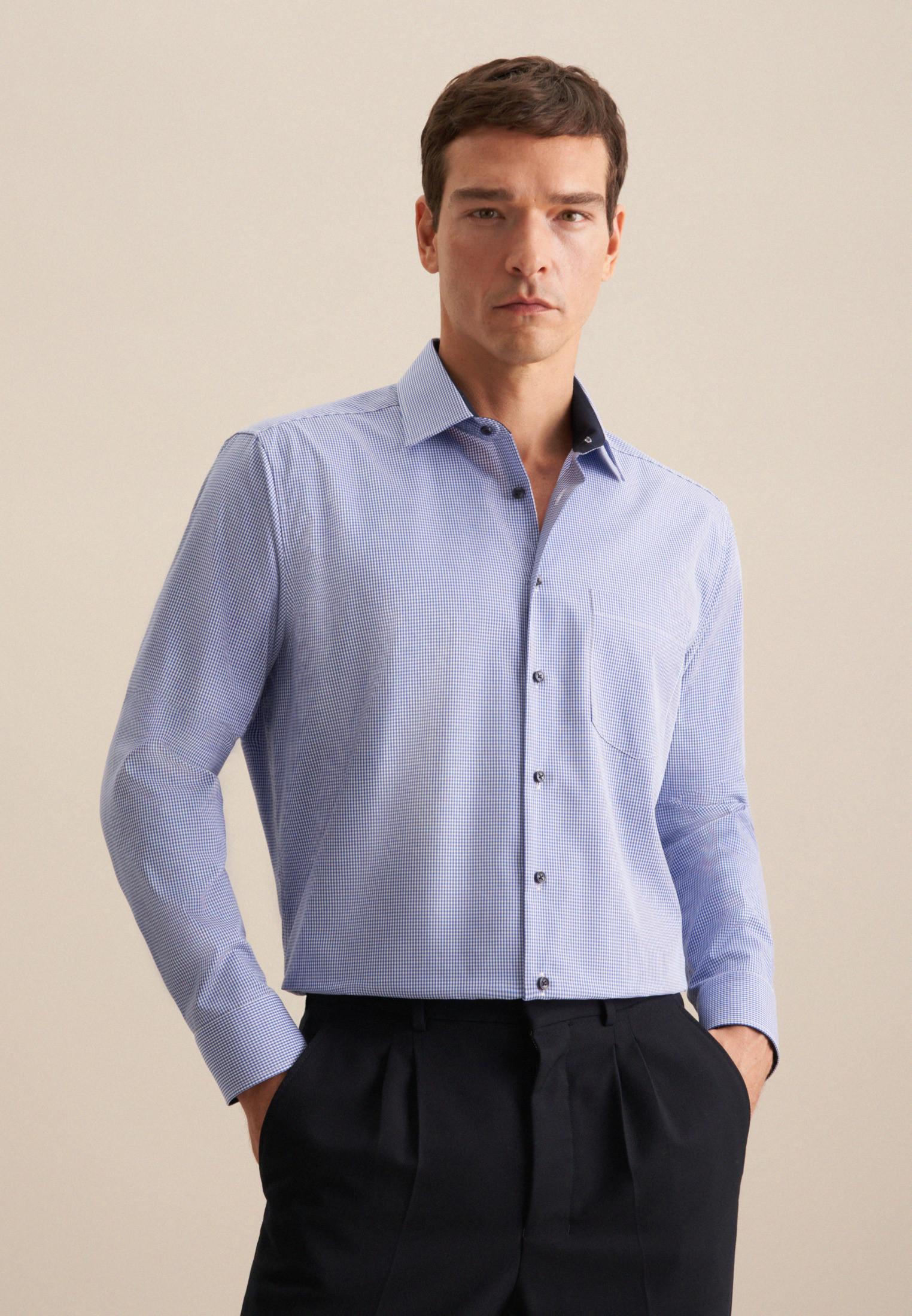 Image of Business Hemd Regular Fit Langarm Karo Herren Blau 40