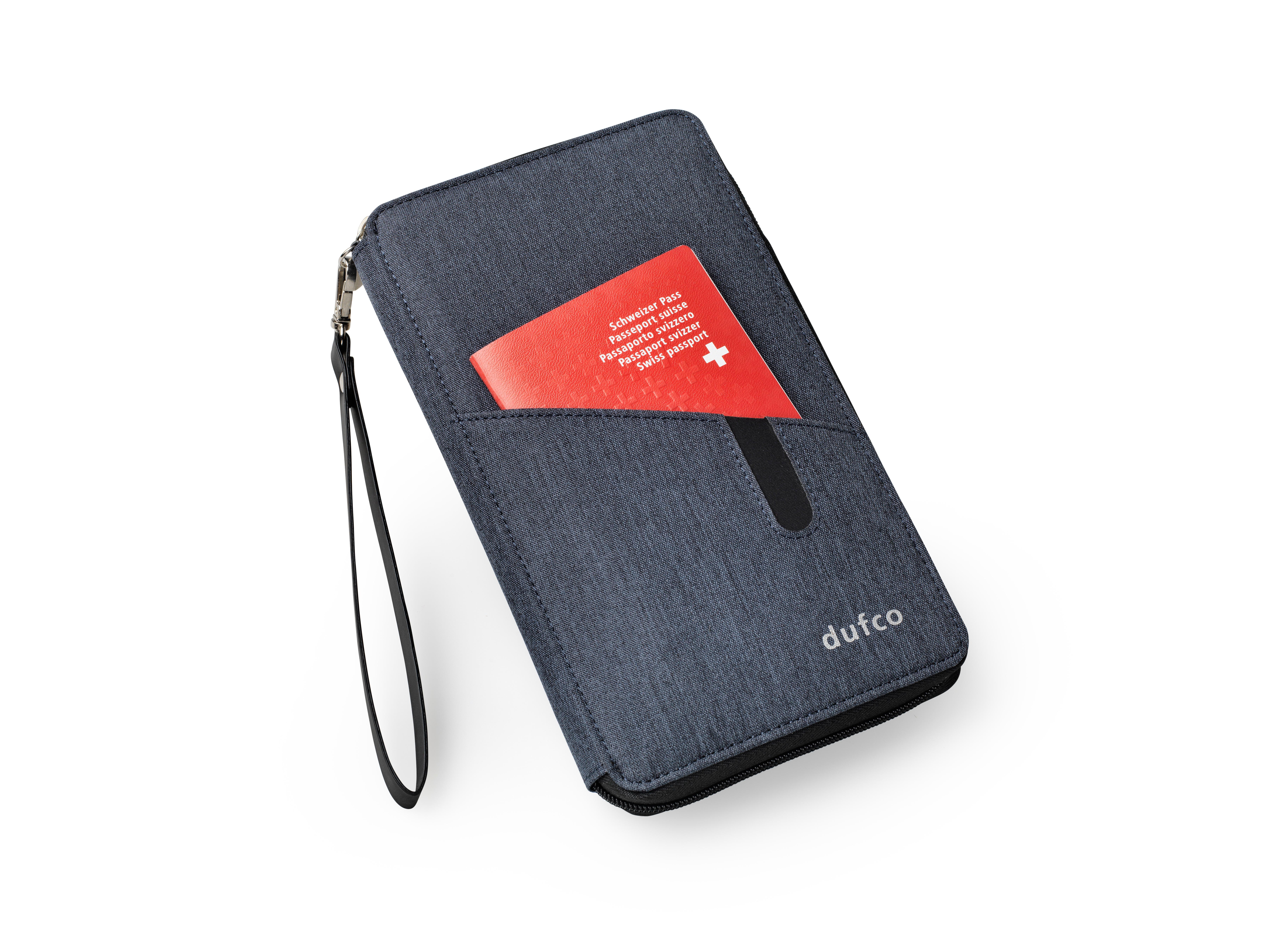 dufco by styro Portefeuille de voyage avec powerbank 4000 mAh "Smart Organizers", bleu jeans avec dufco logo  