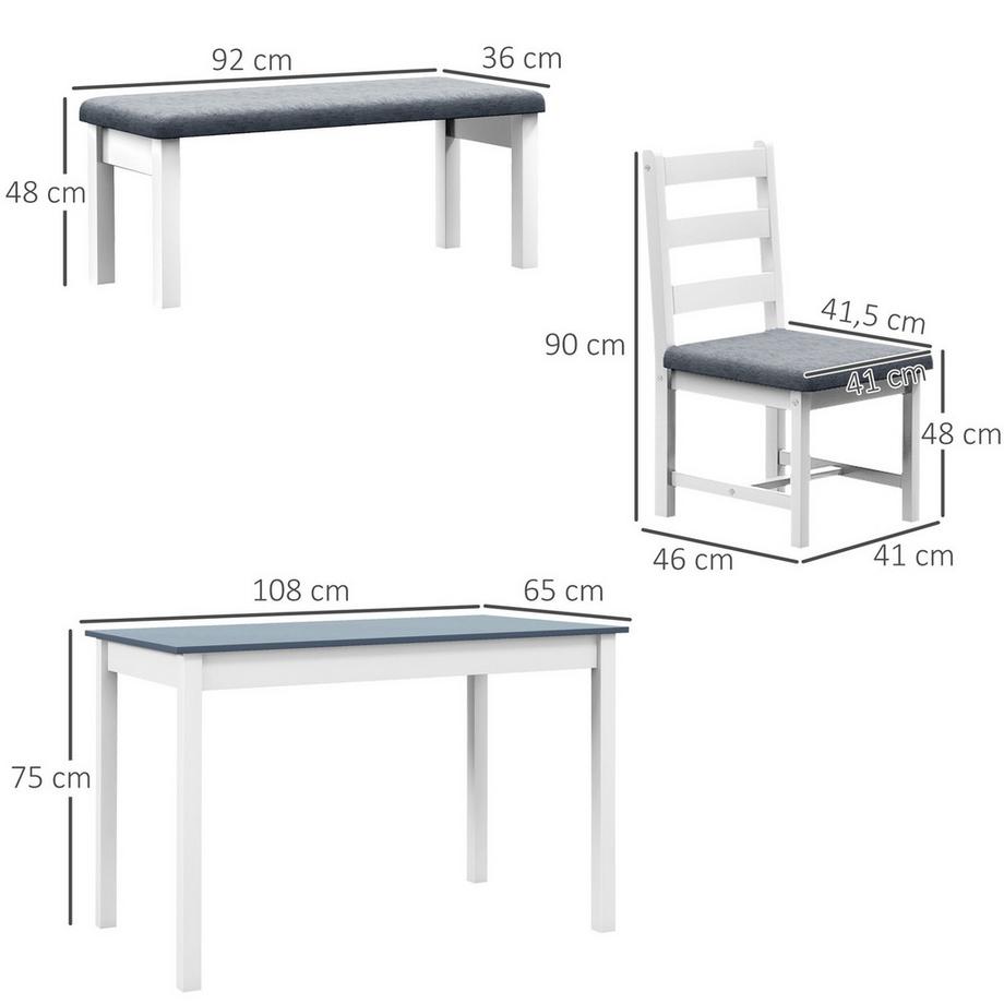 Northio  Essgruppe, Esstisch Mit 2 Gepolsterten Stühlen, Bank, 4-Teiliges Esstisch-Set, Esszimmergruppe Mit Leinenoptik, Kiefernholz, Grau, Weiß 