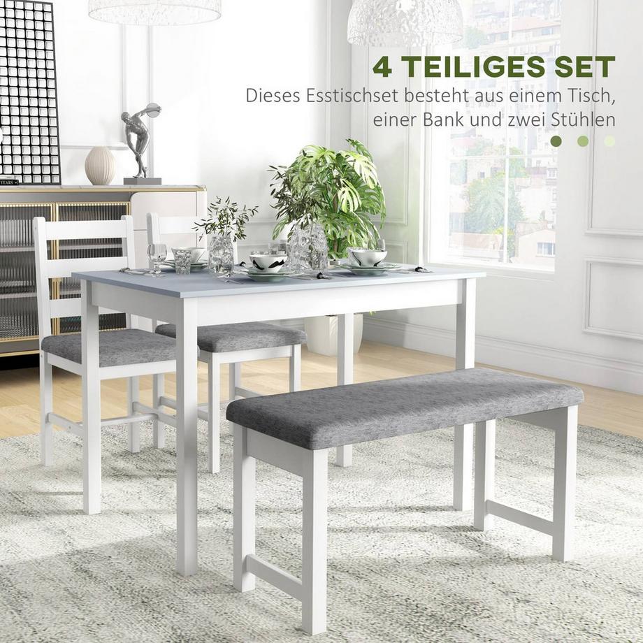 Northio  Essgruppe, Esstisch Mit 2 Gepolsterten Stühlen, Bank, 4-Teiliges Esstisch-Set, Esszimmergruppe Mit Leinenoptik, Kiefernholz, Grau, Weiß 