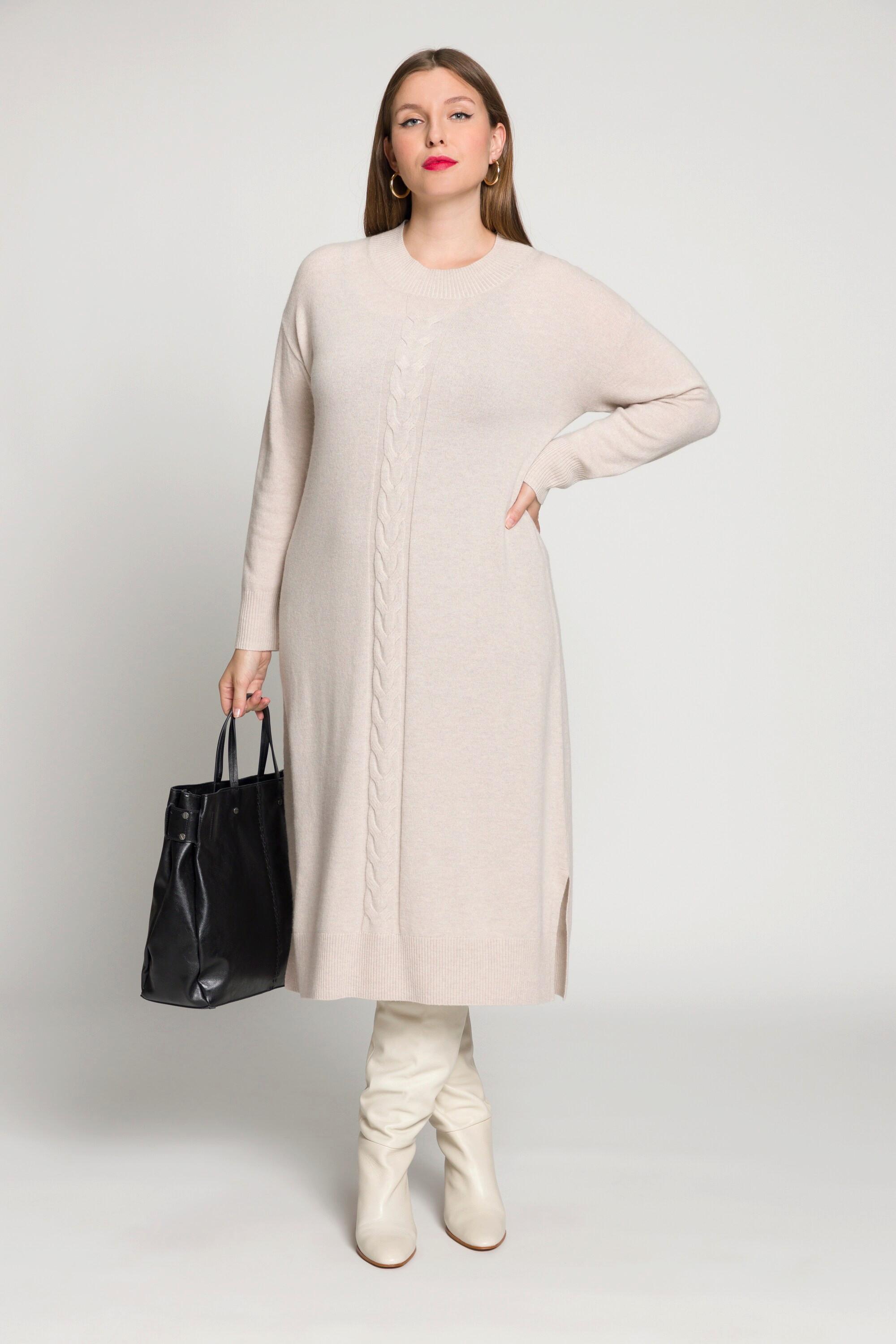 Ulla Popken  Strickkleid, Zopfmuster, Oversized, Stehkragen, Langarm 