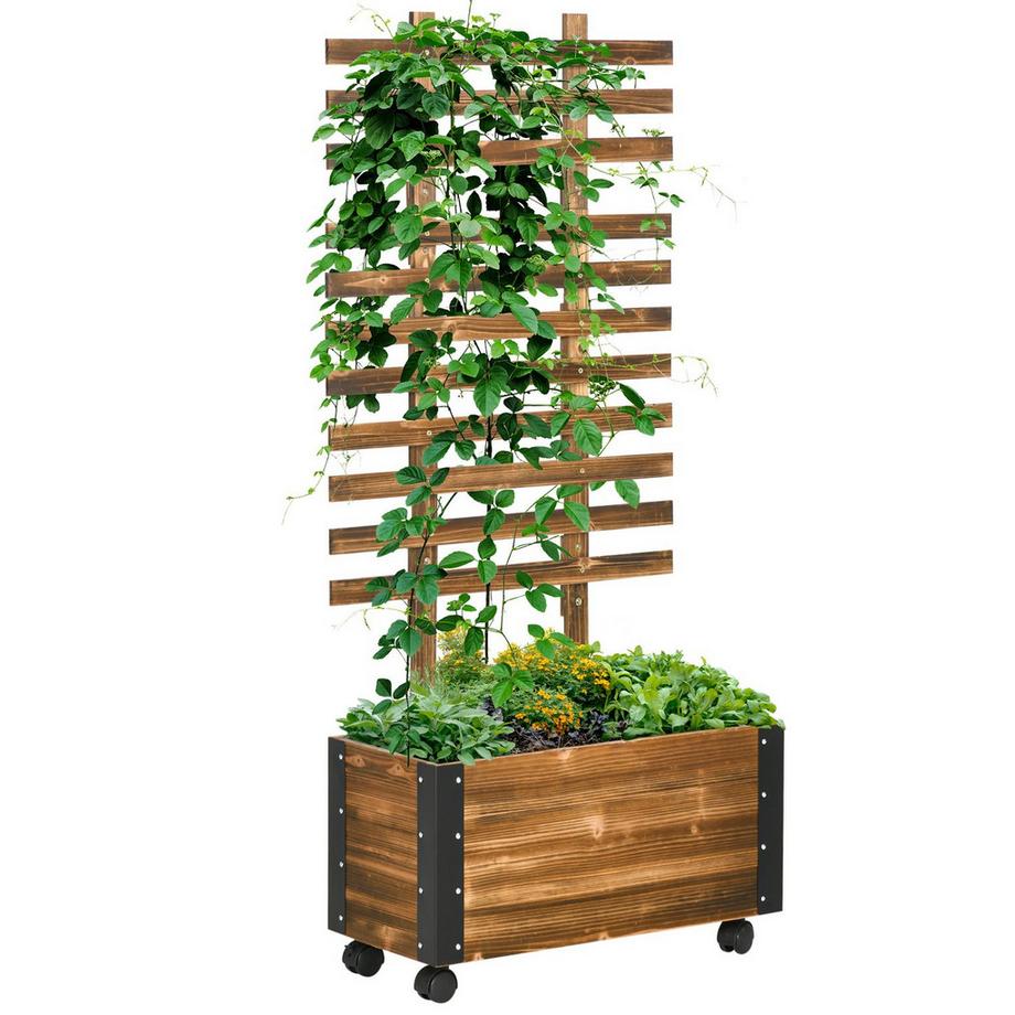 Northio Parterre Surélevé Avec Treillis, Bac À Fleurs Avec Roulettes, Bac À Plantes Avec Treillis, Pour Plantes Grimpantes, En Bois, Carbonisé, 65 X 31 X 147 Cm  