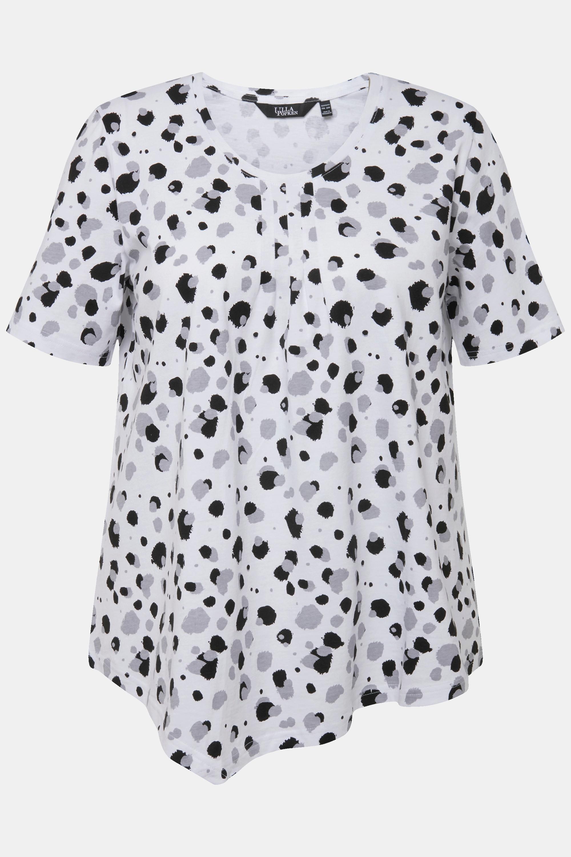 Ulla Popken  T-shirt con pallini, scollo a girocollo, nervature, orlo a punte e mezze maniche 