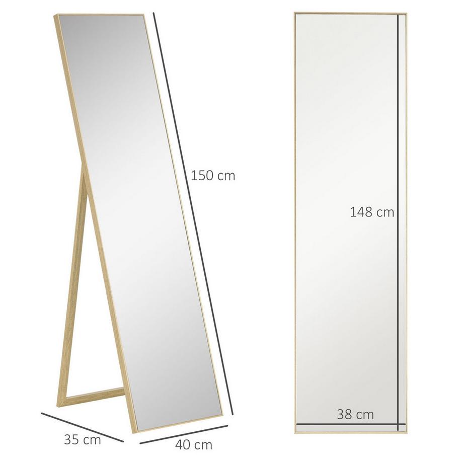 Northio Standspiegel Mit Holzmaserung Ganzkörperspiegel, Ankleidespiegel, Schminkspiegel, Silber+Hellbraun, 40 X 35 X 147 Cm  