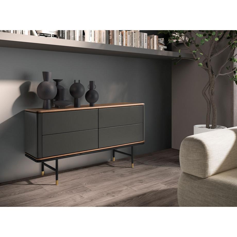 ANGEL CERDA Cassettiera in legno grigio scuro opaco, acciaio nero e piano in noce  