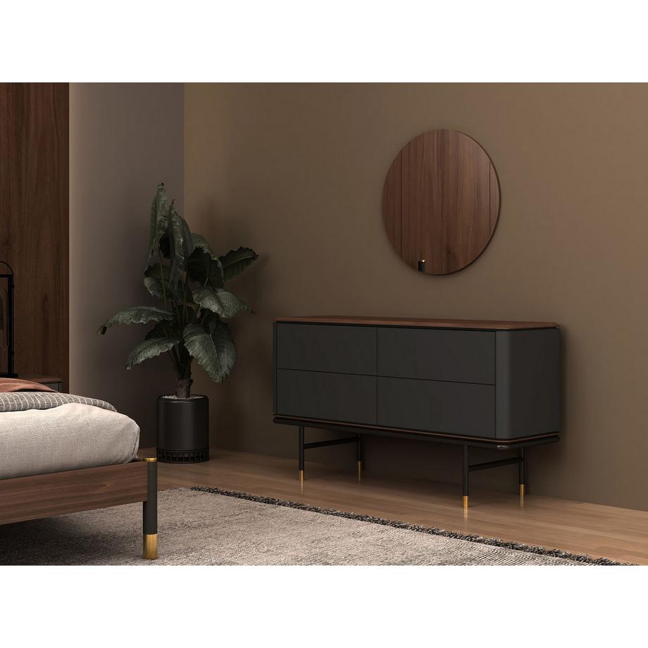 ANGEL CERDA Cassettiera in legno grigio scuro opaco, acciaio nero e piano in noce  