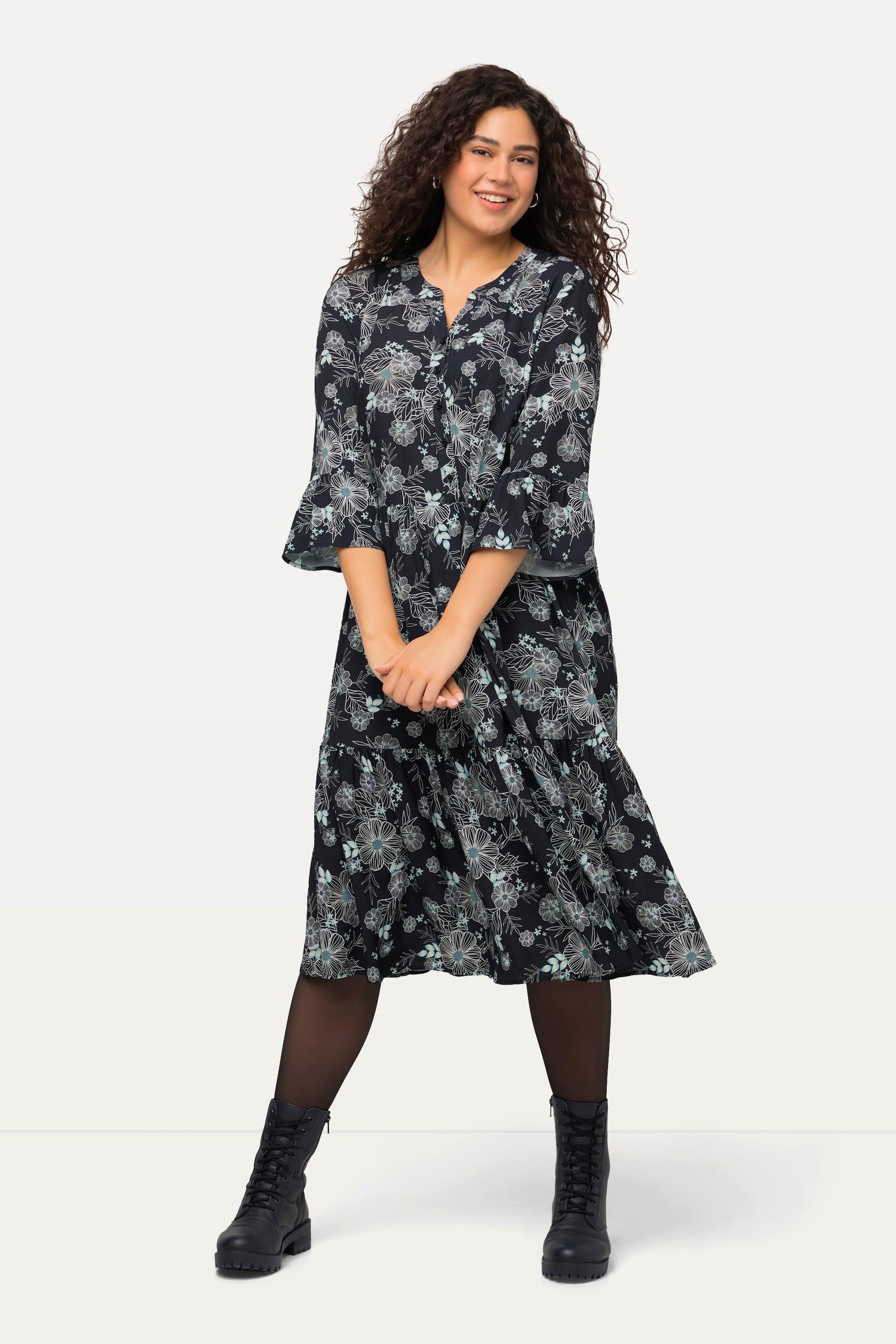 Ulla Popken  Robe midi silhouette en A, col tunisien, manches 3/4 et volants 