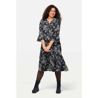 Ulla Popken  Robe midi silhouette en A, col tunisien, manches 3/4 et volants 