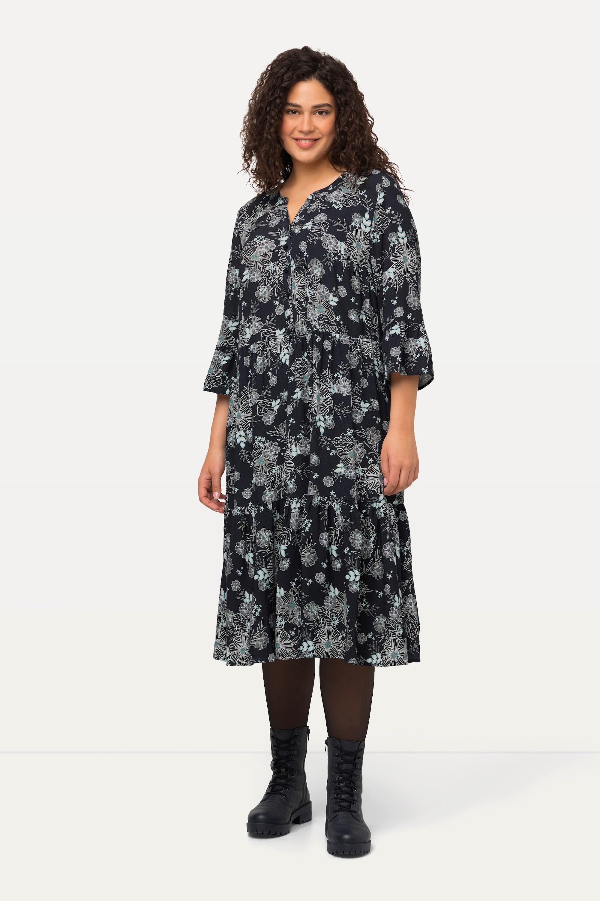 Ulla Popken  Robe midi silhouette en A, col tunisien, manches 3/4 et volants 