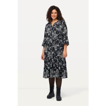 Robe midi silhouette en A, col tunisien, manches 3/4 et volants