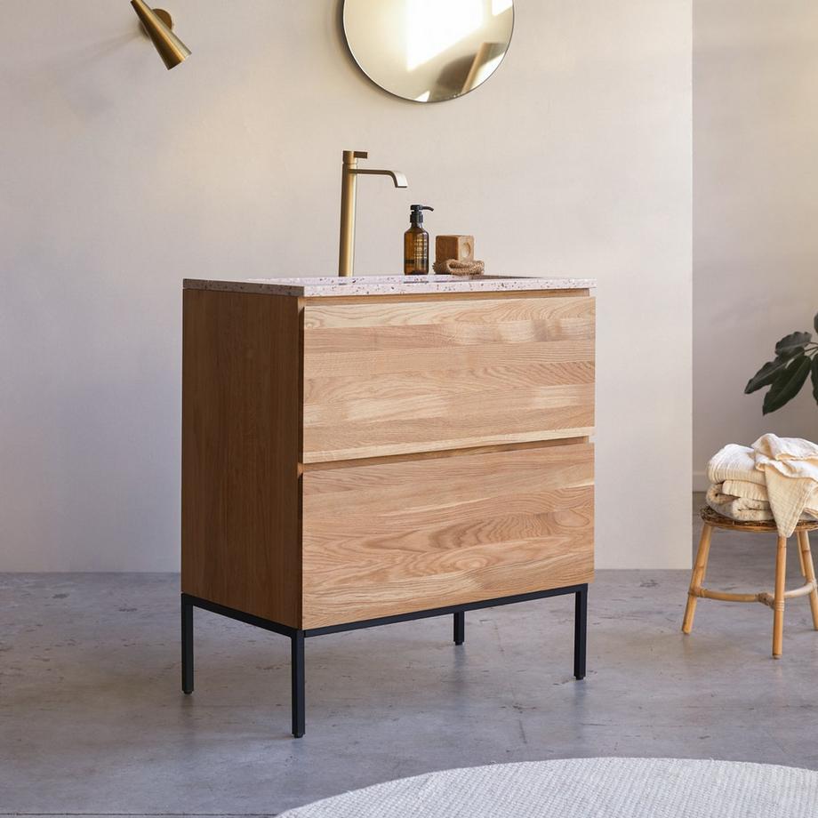 Tikamoon Badmöbel aus massivem Eichenholz und Premium-Terrazzo Pink 80 cm Nova  