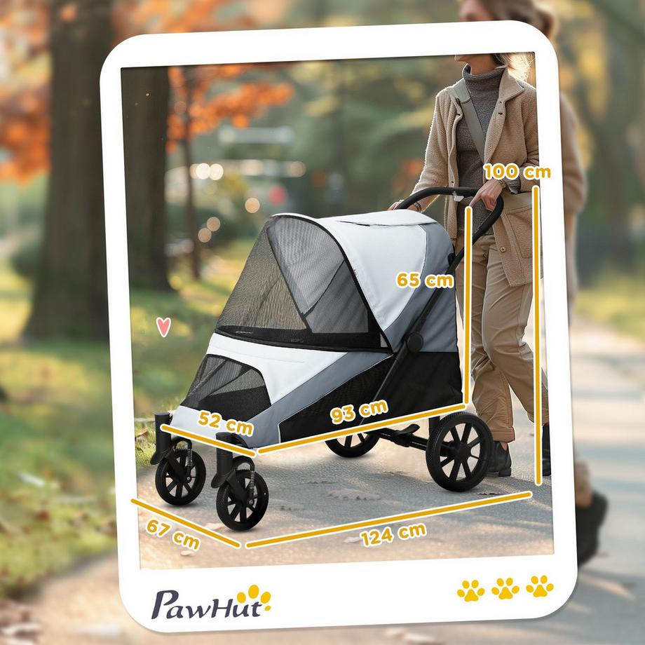 Northio  Hundewagen Hundebuggy klappbar für große Hunde & Katzen bis 30 kg Katzenbuggy mit Kissen Netzfenstern Türen Aufbewahrungstasche Katzenwagen mit Sicherheitsleinen, Bremsen, Buggy Grau Aosom 